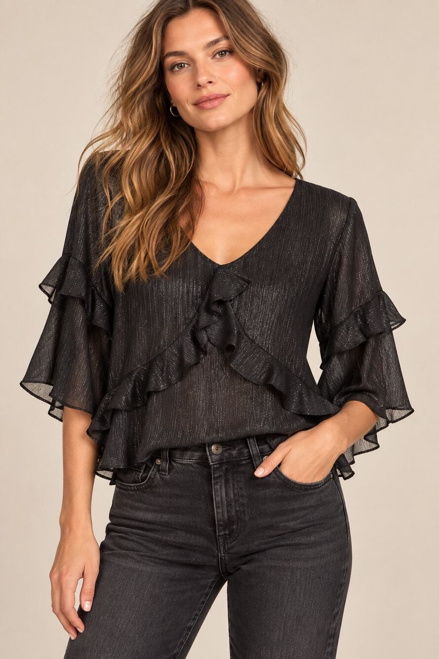 BB Dakota Peace and Love Black Shimmer Ruffle Blouse